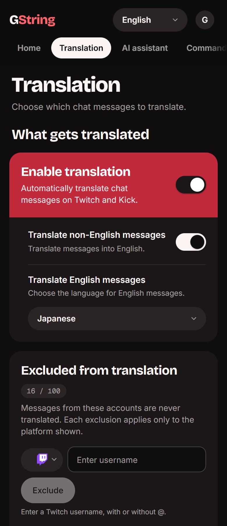 The GString Bot dashboard: translation controls, chat preview and translation prompt.