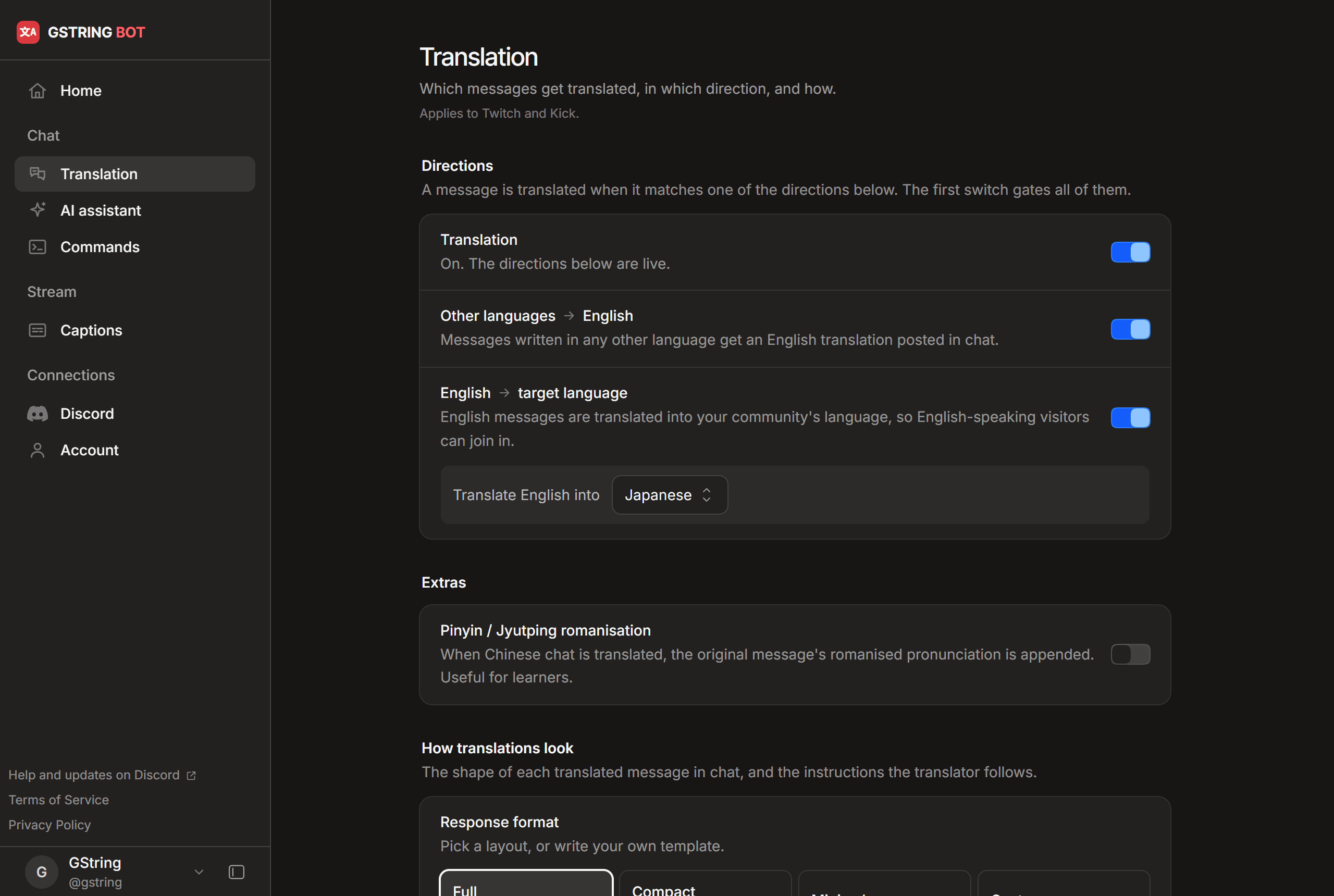 The GString Bot dashboard on the Translation page, showing switches for each translation direction and the in-chat command that toggles each one.